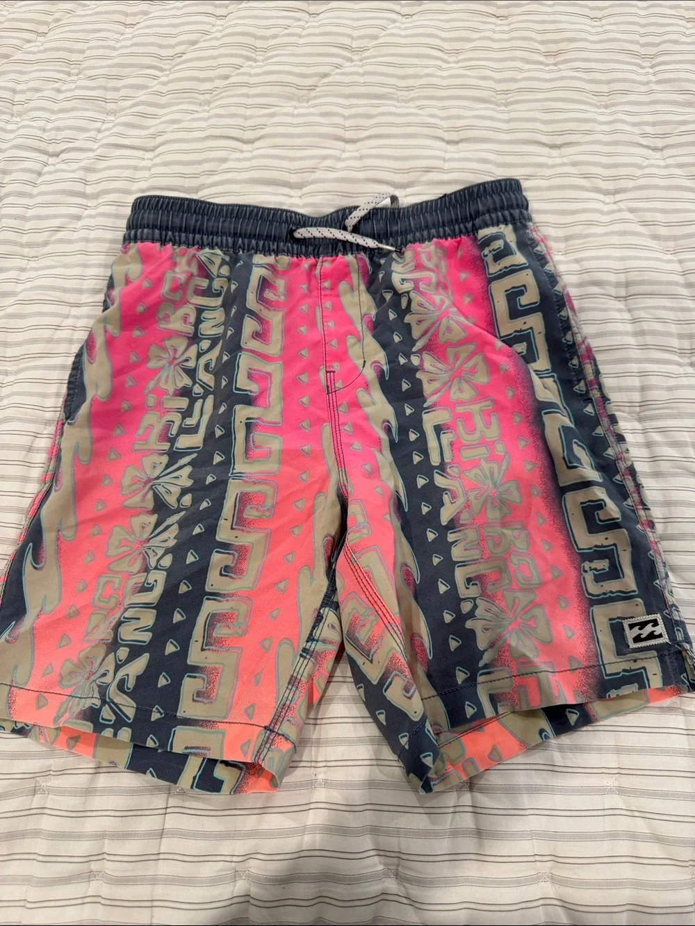 Billabong Coral Pink and Navy Tribal Print Kids Swim Trunks